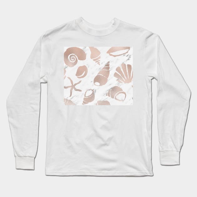 Rose gold South Pacific sea shells - white marble Long Sleeve T-Shirt by hamptonstyle